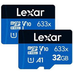 [미국배송] LEXAR 32GB(2팩) 고성능 633배 마이크로 SD 카드(SD 어댑터 UHS-I C10 U1 A1 풀 HD 4K 최대 100MB/S 읽기 메모리 카드 스마트폰 태블릿 및 액션 카메라(LMS0633032G-B2ANU) 포함)