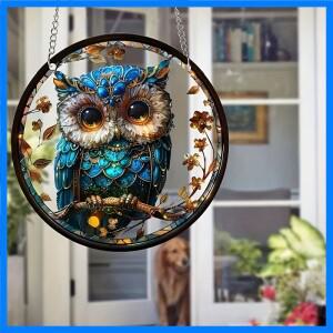 6in 라운드 아크릴 올빼미 조류 동물 테마 태양 포수 창 현관 벽 매달려 장식 휴일 선물 룸 옷걸이