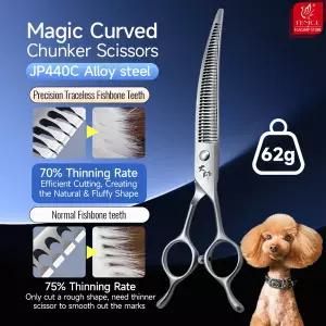 애견미용가위 커브  Fenice 반려동물 그루밍 곡선 청커 가위 매직 트레크리스 개 고양이 미용 70% 박형 비