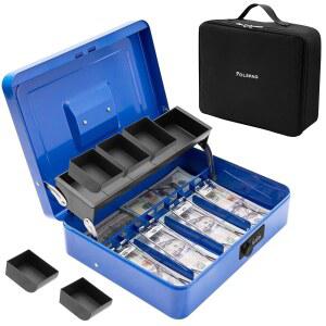 [미국배송] 가방 및 조합 코드가 있는 폴스패그 현금 상자 머니 트레이가 금속 돈 대형 잠금 디럭스 금고 조절 가능한 코인 상자가 휴대용 4개의 지폐 5개의 동전 슬롯 블루