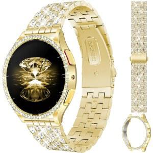 케이스가 있는 JR DM 다이아몬드 밴드 여성 전용 갤럭시 워치 7/6 40mm 44mm, 보호 커버 범퍼 실버 골드 럭셔리 금속 팔찌 교체 스트랩이 20mm 시계 밴드와 호환됩니다