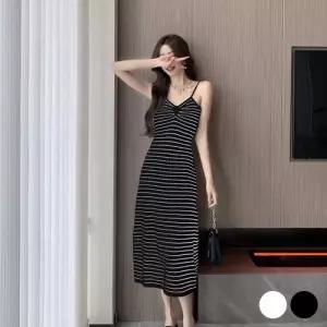 촘촘한 짜임 잔스트라이프 여성 끈나시 원피스