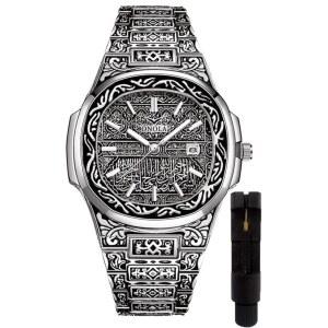 남성용 HUNRUY 레트로 시계 쿼츠 패턴 각인 스테인리스 스틸 팔찌 방수 손목시계