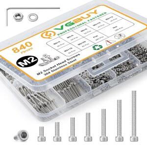 VGBUY 840pcs M2 나사 모음 키트, x 4 / 6 8 10 12 16 20mm 육각 소켓 캡 볼트 너트 와셔 304 스테인리스 스틸 기계 3D 프린터 DIY에