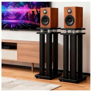 17인치 헤비 듀티 스피커 스탠드, 최대 110파운드까지 페어링, 홈 시어터 스튜디오용 진동 흡수 MDF 디자인 서라운드 사운드 책장 및 위성 대형 스피커(블랙, 17인치) 보관 가능