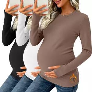 오크가든 3팩 여성용 임산부 보온 긴팔 셔츠 크루넥 플리스 안감 임신 상의 엄지 구멍 겨울