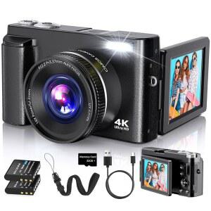 사진 자동 초점용 4K 디지털 카메라, 2025 최신 48MP 블로깅 카메라, 유튜브용, SD 카드 포함, 배터리 2개, 3인치 180 립 스크린 컴팩트 여행용 카메라, 16배 줌, 흔들림 방지, 블랙