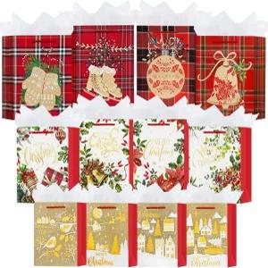 크리스마스 연휴를 맞아 손잡이 12팩 메리 선물주머니 다양한 사이즈(대형 4개 중형 소형 4개) 휴지가 있는