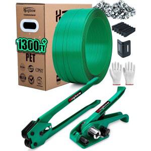 허그보우 밴딩 스트랩 키트, 1500파운드 5/8인치 x 1300인치 PET 롤이 포함된 헤비 듀티 팔레트 패키징 금속 씰 300개, 코너 프로텍터 100개, 텐셔너, 씰러 도구