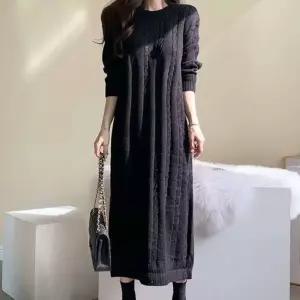 꽈배기 라운드니트 뒷트임 롱원피스 겨울하객 연말 데이트룩