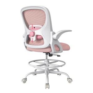 발 받침대 링과 플립업 팔걸이가 있는 루크디스 키 큰 사무실 의자, 인체공학적 요추 지지대가 조절 가능한 제도 스탠딩 데스크 및 홈 오피스용 메시 하이 의자(화이트&핑크)