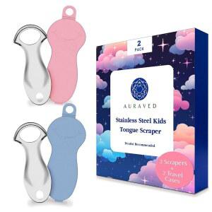 어린이용 혀 스크레이퍼 스테인리스 스틸 혀 클리너, 구강 위생 개선 어린이 친화적 디자인, 듀얼 팩 편의성 / 2개 케이스 포함 (블루 / 핑크)