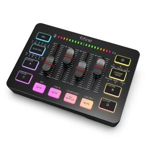 FIFINE 게임용 오디오 믹서  XLR 마이크 인터페이스가 있는 스트리밍 4채널 RGB 음성  팟캐스트  AmpliGame
