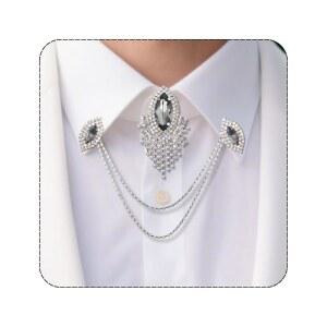 펄리 준 칼라 체인 핀과 버튼 커버 커프 링크 세트 슬리버 라인스톤 셔츠 타이 클립 여성 남성 브로치용