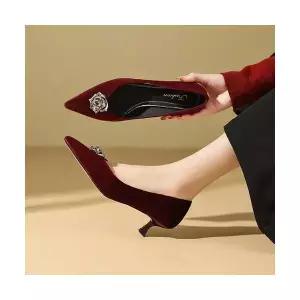 여성용 하이힐 신발 버건디 벨벳 신부화 펌프스 스틸레토 힐 로제 웨딩 슈즈 KS5