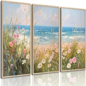 해안 야생화 벽 아트 블루 오션 풍경 장식 꽃 바다 여름 그림 해변 데이지 포스터 거실 침실 홈