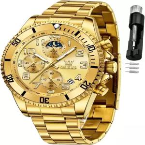 OLEVS 남성 시계 크로노그래프 럭셔리 원피스 문 페이즈 투 톤 스테인리스 스틸 방수 야광 비즈니스 캘린더