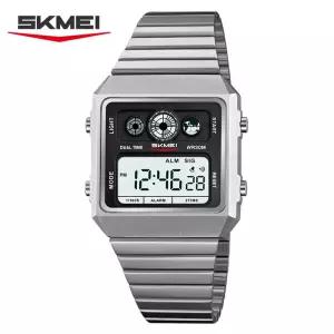 SKMEI Men LED 시계 [세금포함] [정품] 렉탱글모양 손목시계 럭셔리 골드 스틸 디지털 스포츠 명품시계 패