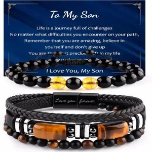 ZZLTAWS 남성 가죽 팔찌 내추럴 타이거 블랙 옵시디언 힐링 크리스탈 비즈 아빠 손손자 남자친구 생일 기념