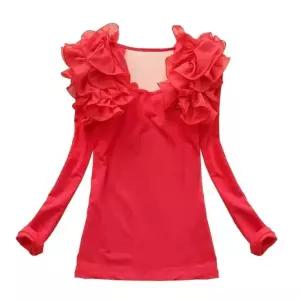 라인 여성 셔링 상의 댄스복 반팔 옷 긴소매 레드 S