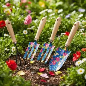 플라워가든 모종삽 4종세트 (블루) 꽃무늬 원예도구 레이크 갈퀴 삼지창 숲체험 잡초풀러