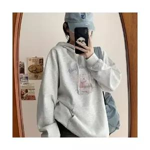 여성용 야구 점퍼 추동 플라워 그레이 프린트 후드 빅사이즈 오버핏 기모 코트 CH4