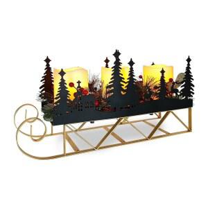 크리스마스 썰매 테이블 중앙 장식, 블랙 컷아웃 트리 LED 캔들라브럼, 홈 파티 맨텔 장식용 타이머 홀리데이 캔들 홀더