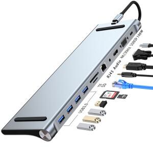11 in 1 허브 타입-C to USB3.0 어댑터 4K/30HZ PD100W SD 카드/TF 카드 리더 3.5mm 오디오 케이블 RJ45 컨