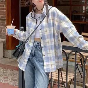 루즈핏 오버 체크 남방 셔츠 여성 긴팔 박시 캐주얼 데일리 아우터 봄셔츠 파스텔 블루 하늘색 간절기 레이