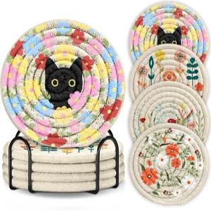 코카에 컵받침 세트 4 귀여운 흡수 커피 테이블 오피스 홈 데스크 장식 부드러운 직조 면직물 땋은 천 홀더