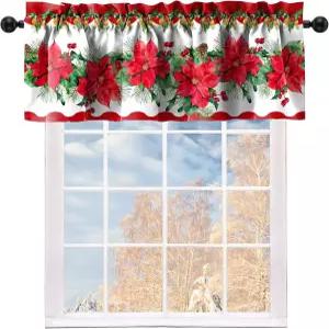 귀여운 크리스마스 포인세티아 커튼 홀리데이 키친카페 52Lx18W 인치 티어 및 주방 빨강과 초록 밸런스
