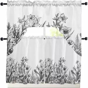 야생화 잎 주방 커튼 세트 윈도우 3 피스 그레이 플로럴 식물성 흰색 수채화 및 밸런스 티어 거실 카페