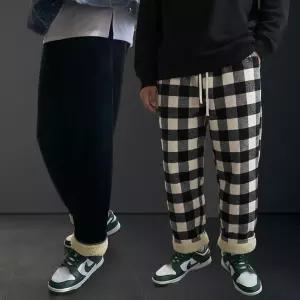 비비오 체크 보아털 밴딩 세미와이드 팬츠 (5color) 작업 양털 커플 바지남자트레이닝 기모트레이닝 스？？