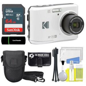 코닥 픽스프로 FZ45 16MP 디지털 카메라 4X 광학 줌 27mm 광각 1080P 풀 HD 비디오 2.7인치 LCD 카메라(화이트) + 64GB 카드 및 리더 케이스 메모리 지갑 삼각대 청소 번들