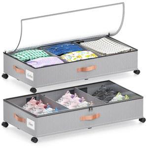 바퀴가 달린 침대 밑 보관함, 투명 뚜껑이 있는 2팩 보관 용기, 정리함 아래 XXL 65L, 옷, 신발, 장난감(회색)을 위한 금속 서랍 롤링