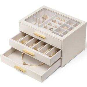 여성용 블랜도 주얼리 박스, 오르간지에, 서랍 3개, 유리 뚜껑 정리함 젬 다이아몬드 목걸이 링 귀걸이 팔찌 화이트