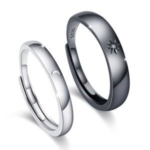 태양과 달 커플 링 2pc 925 스털링 실버 약혼 조정 가능 그와 그녀의 블레이크 및 화이트 프로미스 링을 위한 웨딩 밴드 세트