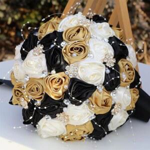 앤베브킨 신부 결혼 부케 수제 새틴 로즈 인조 토스 라운드 웨딩 스파클링 라인스톤 브로치 크리스탈 골드 블랙 보리