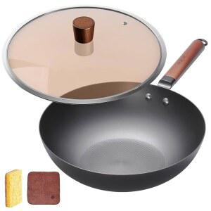 아이언웍 팬, 적합하며 카본 손잡이 호환 스틸웍 쿡탑과 전기 , 인덕션, 요리에 논코팅 세라믹 가정용 냄비 나무 가능 중국식 왕위안지 12.6인치, 볶음