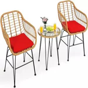 탱쿨라 3피스 파티오 비스트로 세트 쿠션이 있는 안락의자 2개와 원형 유리 커피 테이블이 라탄 대화