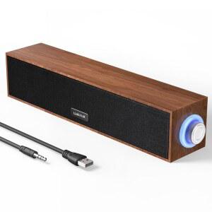 Uakinat 컴퓨터 스피커, 목재 멀티미디어 디지털 USB 전원 3.5mm AUX PC 서라운드 사운드 휴대용 바 스피커 데스크탑 노트북용 (브라운)