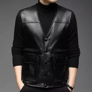 남성조끼 싱글 슬리브리스 가죽 솔리드 넥 베스트 패션 캐주얼 톱 심쿵희망