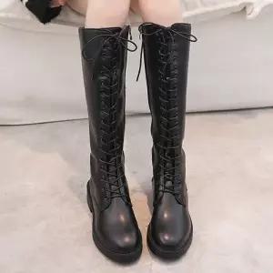 여성 레이스업 키높이 슬림핏 블랙 롱워커 부츠
