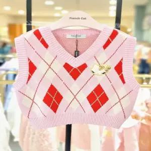 [프렌치캣 9D] 핑크 아가일 니트조끼 (Q51DAW021S)