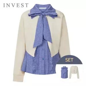 [인베스트] 크로스 라운드 넥 티셔츠+체크 블라우스 세트_IN6S1TS6501