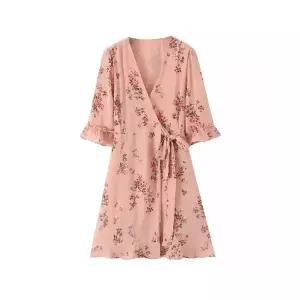 에네로 여성쉬폰원피스 프렌치 프린트 브이넥 밑단 소매 랩 원피스 7부 UNO1