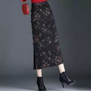 여성패션 H라인 스커트 프린트 원턱 모직 가을겨울 옆트임 힙업 슬림핏 롱 치파오 DL4