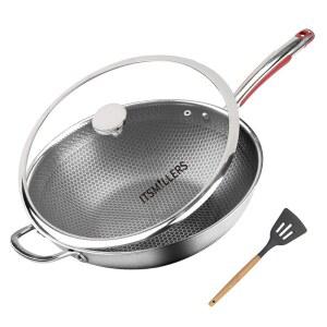 스테인리스 스크래치 방지 표면 논스틱 프리 볶음 뚜껑, 호환, 13.5인치 웍 트리플플라이 팬, 오븐 식기세척기 및 스틸 인덕션 안전,