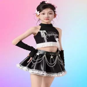 코드루이스 케이팝 걸그룹 블랙 가죽스커트 레이스 방송댄스복 초등 여아옷 크롭티
