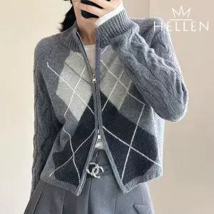 [헬렌] 아가일 패턴 여성 니트 투웨이 집업 래글런 가디건 벤아가일니트집업 B-765